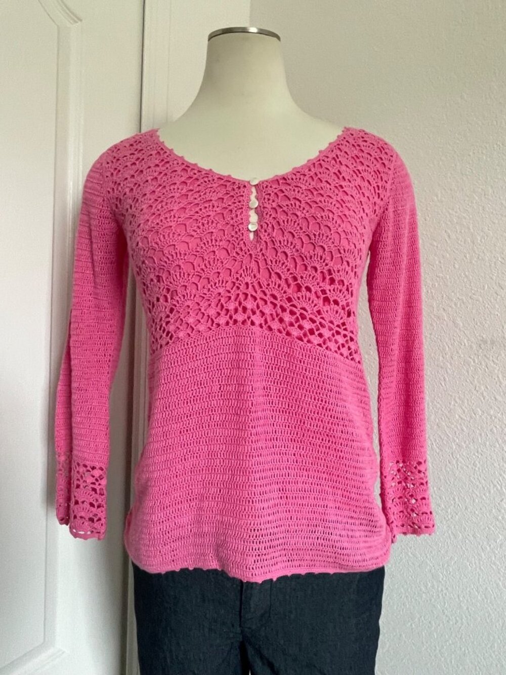 Vintage Y2K Lilly Pulitzer Pink Crochet Lace Knit Top Women’s Size XS